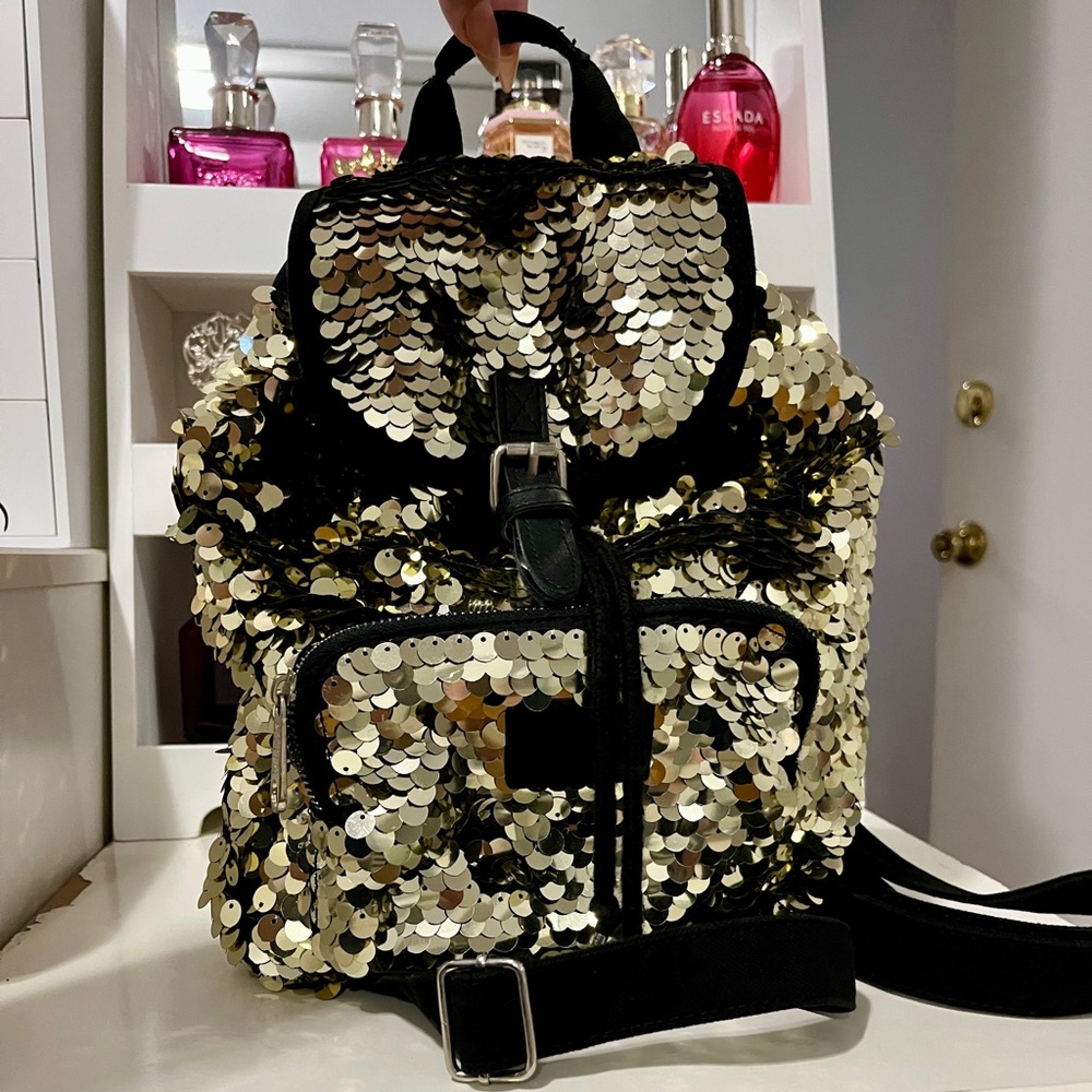 Rare Victoria’s Secret Mini Sequin Gold and Black Backpack